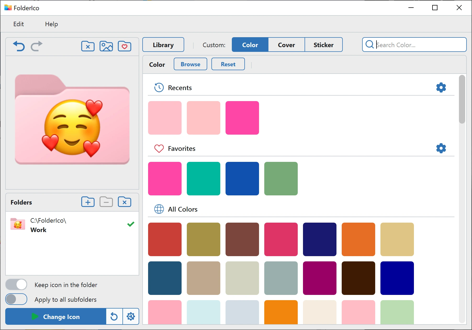 Custom folder icon with color and emoji sticker in FolderIco